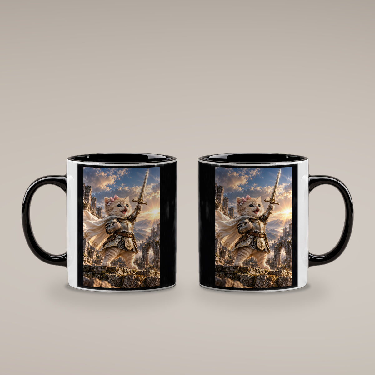 Ritterkatze – Siegesfreude – Tasse. Innen schwarz. 4 BEIDE SEITEN. KI-Motiv.
