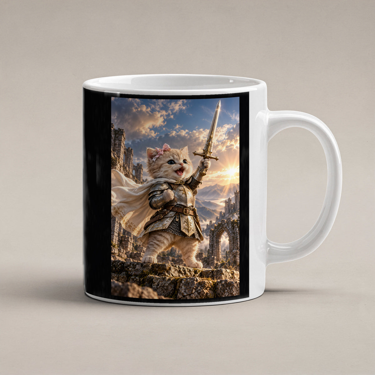 Ritterkatze – Siegesfreude – Tasse. Weiß. 1 STUDIO. KI-Motiv.