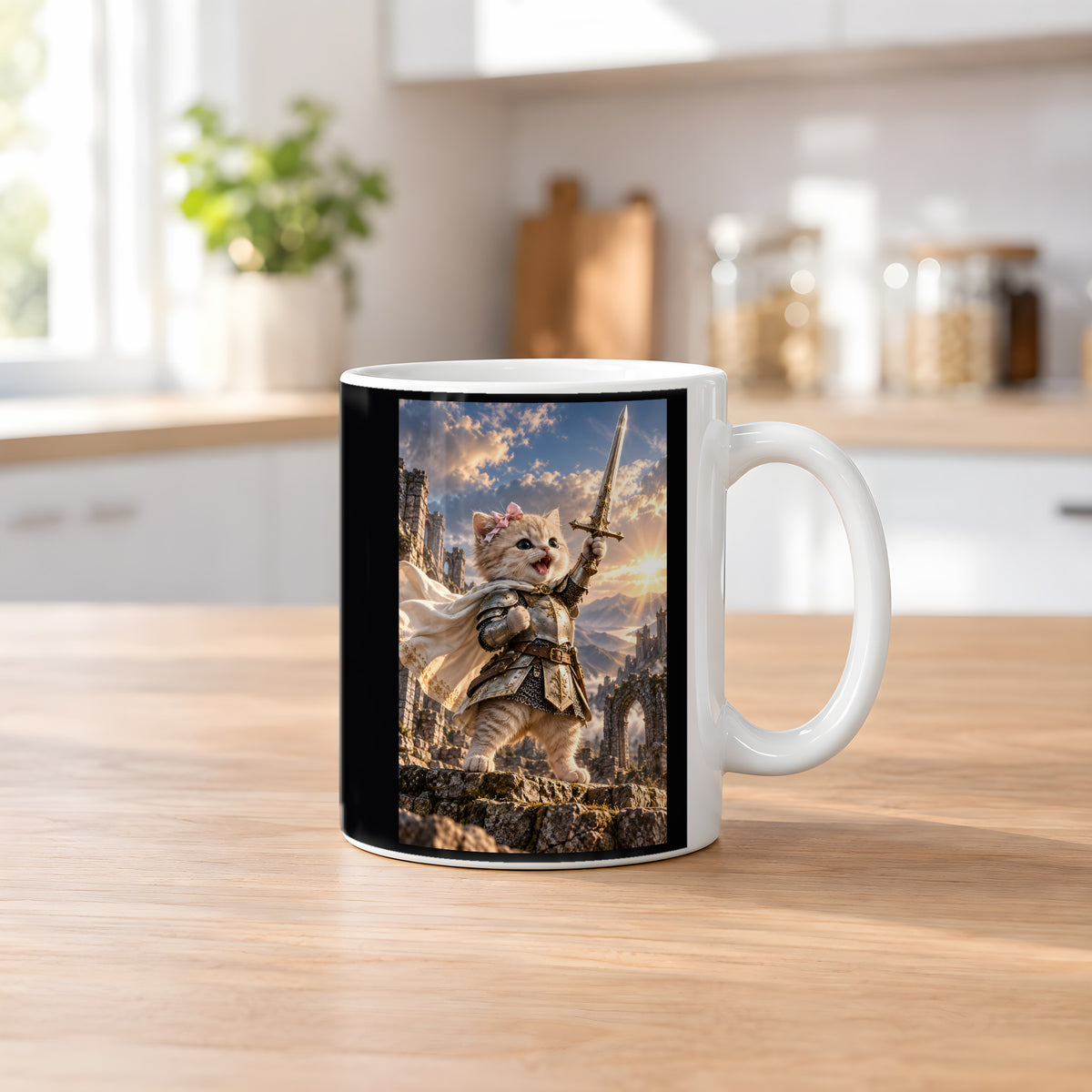 Ritterkatze – Siegesfreude – Tasse. Weiß. 2 KUECHE. KI-Motiv.