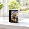 Ritterkatze – Siegesfreude – Tasse. Weiß. 3 FENSTER. KI-Motiv.