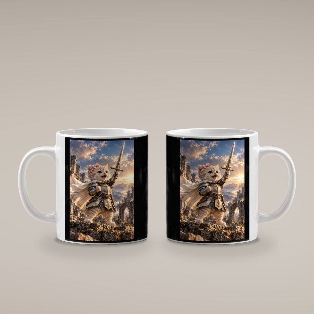 Ritterkatze – Siegesfreude – Tasse. Weiß. 4 BEIDE SEITEN. KI-Motiv.