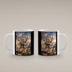 Ritterkatze – Siegesfreude – Tasse. Weiß. 4 BEIDE SEITEN. KI-Motiv.