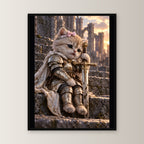 Ritterkatze – Müde Heldin – Gerahmtes Wandbild. 45×60 cm. 1 FRONTAL. KI-Motiv.