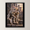 Ritterkatze – Müde Heldin – Gerahmtes Wandbild. 30×40 cm. 1 FRONTAL. KI-Motiv.