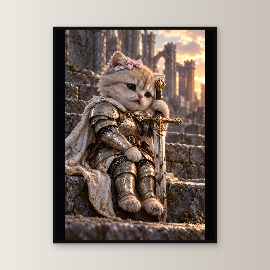 Ritterkatze – Müde Heldin – Gerahmtes Wandbild. 60×80 cm. 1 FRONTAL. KI-Motiv.