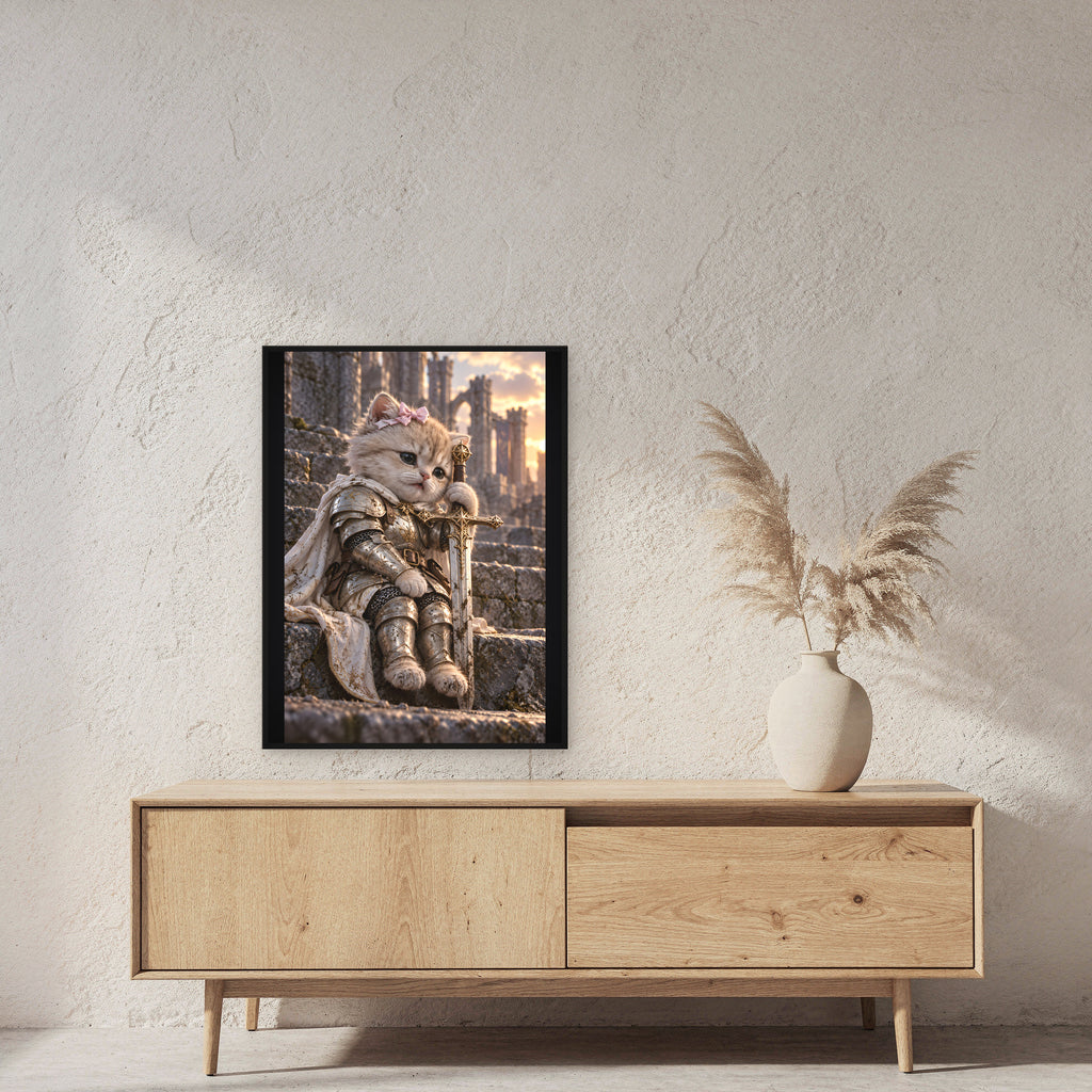 Ritterkatze – Müde Heldin – Gerahmtes Wandbild. 60×80 cm. 2 RAUM. KI-Motiv.