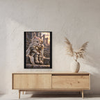 Ritterkatze – Müde Heldin – Gerahmtes Wandbild. 60×80 cm. 2 RAUM. KI-Motiv.
