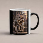 Ritterkatze – Müde Heldin – Tasse. Zaubertasse: Wärmeeffekt. 1 STUDIO HEISS. KI-Motiv.