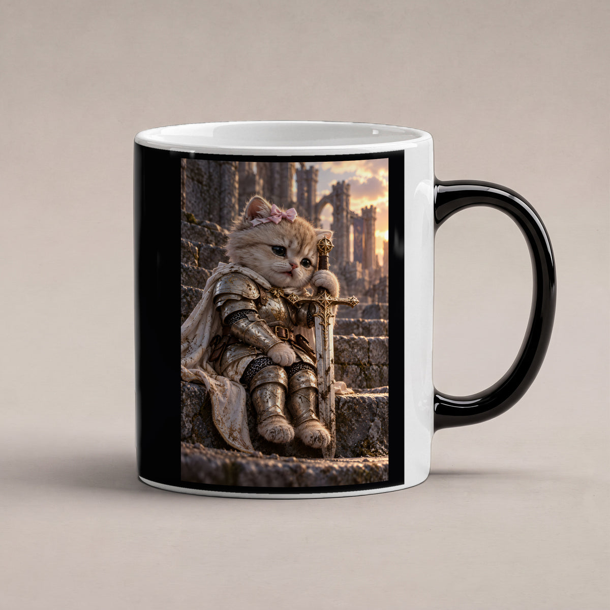Ritterkatze – Müde Heldin – Tasse. Zaubertasse: Wärmeeffekt. 1 STUDIO HEISS. KI-Motiv.