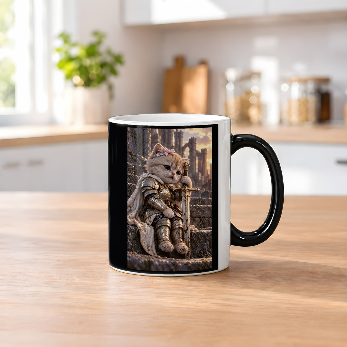 Ritterkatze – Müde Heldin – Tasse. Zaubertasse: Wärmeeffekt. 2 KUECHE HEISS. KI-Motiv.