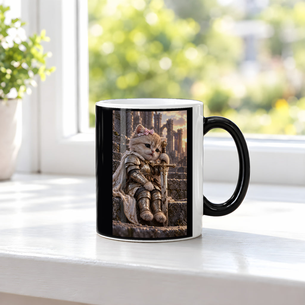 Ritterkatze – Müde Heldin – Tasse. Zaubertasse: Wärmeeffekt. 3 FENSTER HEISS. KI-Motiv.