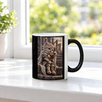 Ritterkatze – Müde Heldin – Tasse. Zaubertasse: Wärmeeffekt. 3 FENSTER HEISS. KI-Motiv.