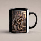 Ritterkatze – Müde Heldin – Tasse. Innen schwarz. 1 STUDIO. KI-Motiv.