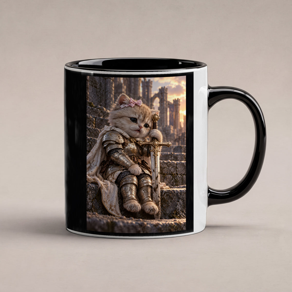 Ritterkatze – Müde Heldin – Tasse. Innen schwarz. 1 STUDIO. KI-Motiv.