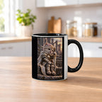 Ritterkatze – Müde Heldin – Tasse. Innen schwarz. 2 KUECHE. KI-Motiv.