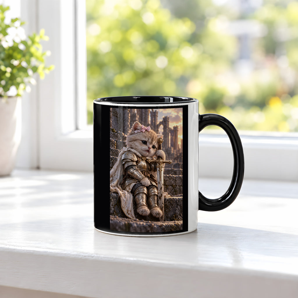 Ritterkatze – Müde Heldin – Tasse. Innen schwarz. 3 FENSTER. KI-Motiv.