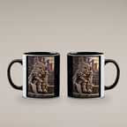 Ritterkatze – Müde Heldin – Tasse. Innen schwarz. 4 BEIDE SEITEN. KI-Motiv.