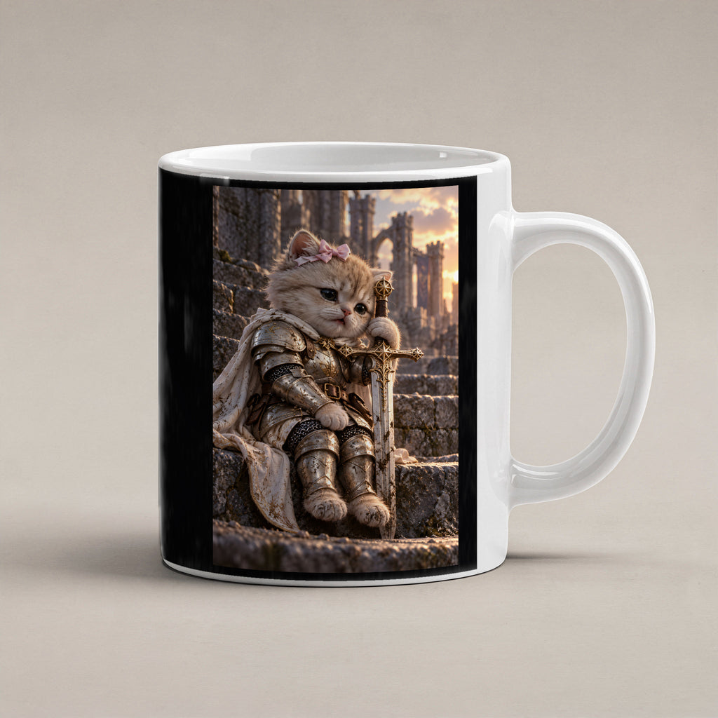 Ritterkatze – Müde Heldin – Tasse. Weiß. 1 STUDIO. KI-Motiv.