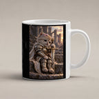 Ritterkatze – Müde Heldin – Tasse. Weiß. 1 STUDIO. KI-Motiv.