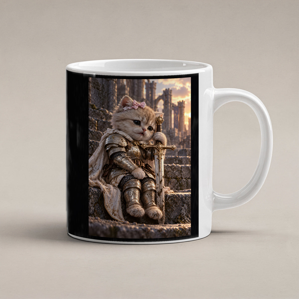 Ritterkatze – Müde Heldin – Tasse. Weiß. 1 STUDIO. KI-Motiv.