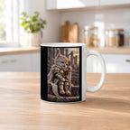 Ritterkatze – Müde Heldin – Tasse. Weiß. 2 KUECHE. KI-Motiv.