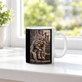 Ritterkatze – Müde Heldin – Tasse. Weiß. 3 FENSTER. KI-Motiv.
