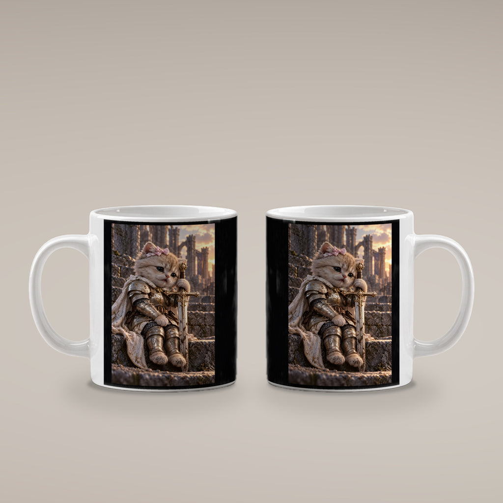 Ritterkatze – Müde Heldin – Tasse. Weiß. 4 BEIDE SEITEN. KI-Motiv.