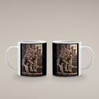 Ritterkatze – Müde Heldin – Tasse. Weiß. 4 BEIDE SEITEN. KI-Motiv.