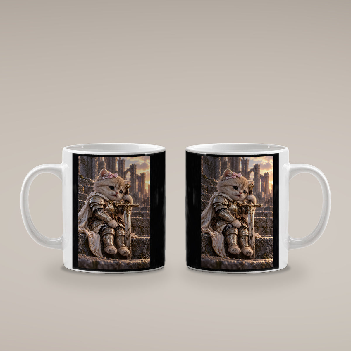Ritterkatze – Müde Heldin – Tasse. Weiß. 4 BEIDE SEITEN. KI-Motiv.