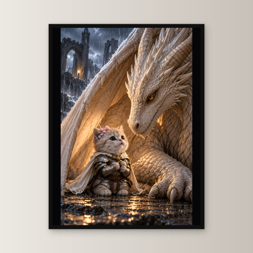 Ritterkatze – Drachenfreundschaft – Gerahmtes Wandbild. 45×60 cm. 1 FRONTAL. KI-Motiv.