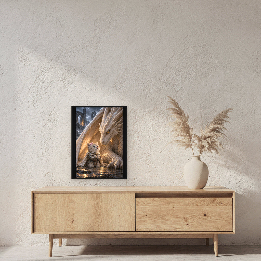 Ritterkatze – Drachenfreundschaft – Gerahmtes Wandbild. 45×60 cm. 2 RAUM. KI-Motiv.