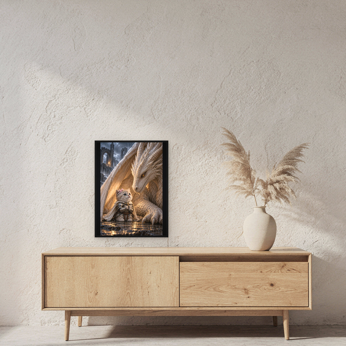 Ritterkatze – Drachenfreundschaft – Gerahmtes Wandbild. 45×60 cm. 2 RAUM. KI-Motiv.