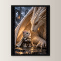 Ritterkatze – Drachenfreundschaft – Gerahmtes Wandbild. 30×40 cm. 1 FRONTAL. KI-Motiv.