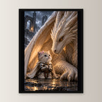 Ritterkatze – Drachenfreundschaft – Gerahmtes Wandbild. 30×40 cm. 1 FRONTAL. KI-Motiv.