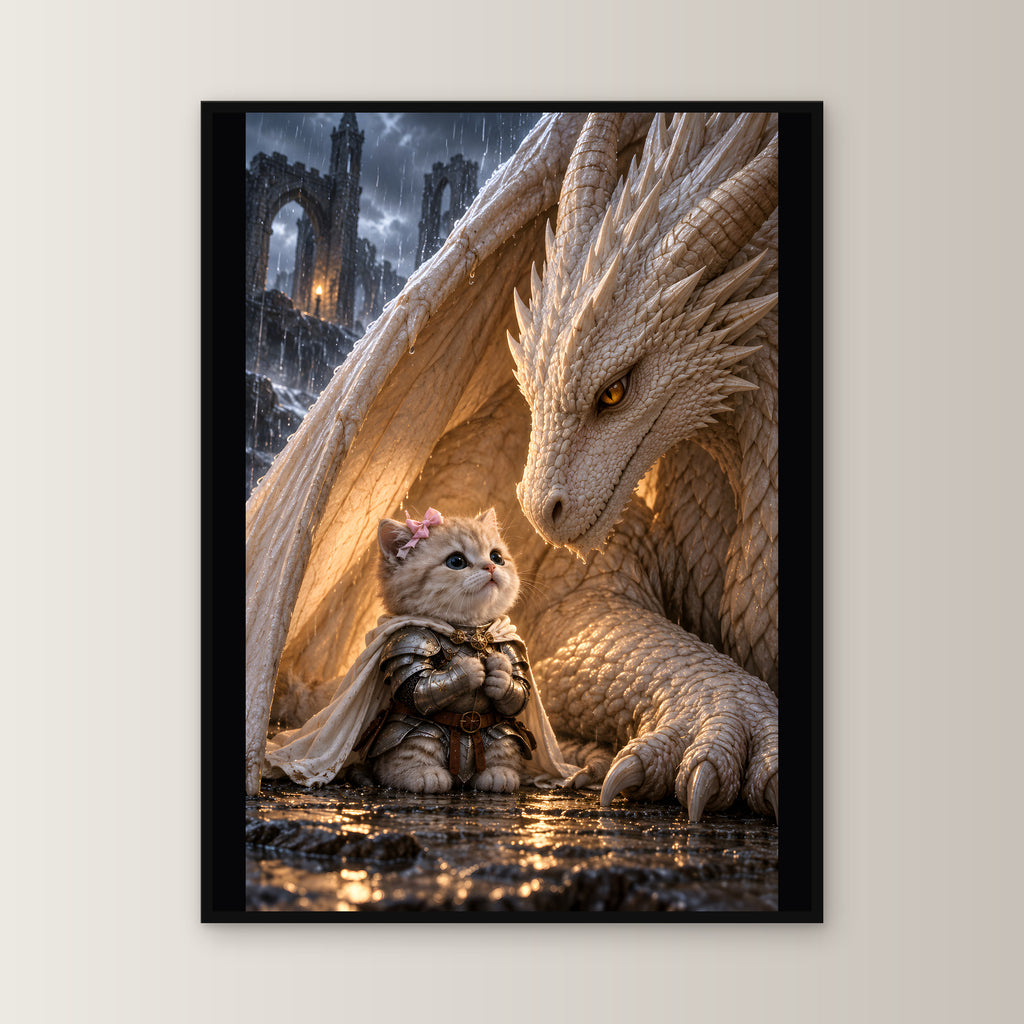 Ritterkatze – Drachenfreundschaft – Gerahmtes Wandbild. 60×80 cm. 1 FRONTAL. KI-Motiv.