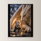 Ritterkatze – Drachenfreundschaft – Gerahmtes Wandbild. 60×80 cm. 1 FRONTAL. KI-Motiv.