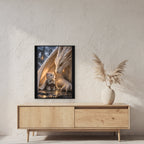 Ritterkatze – Drachenfreundschaft – Gerahmtes Wandbild. 60×80 cm. 2 RAUM. KI-Motiv.
