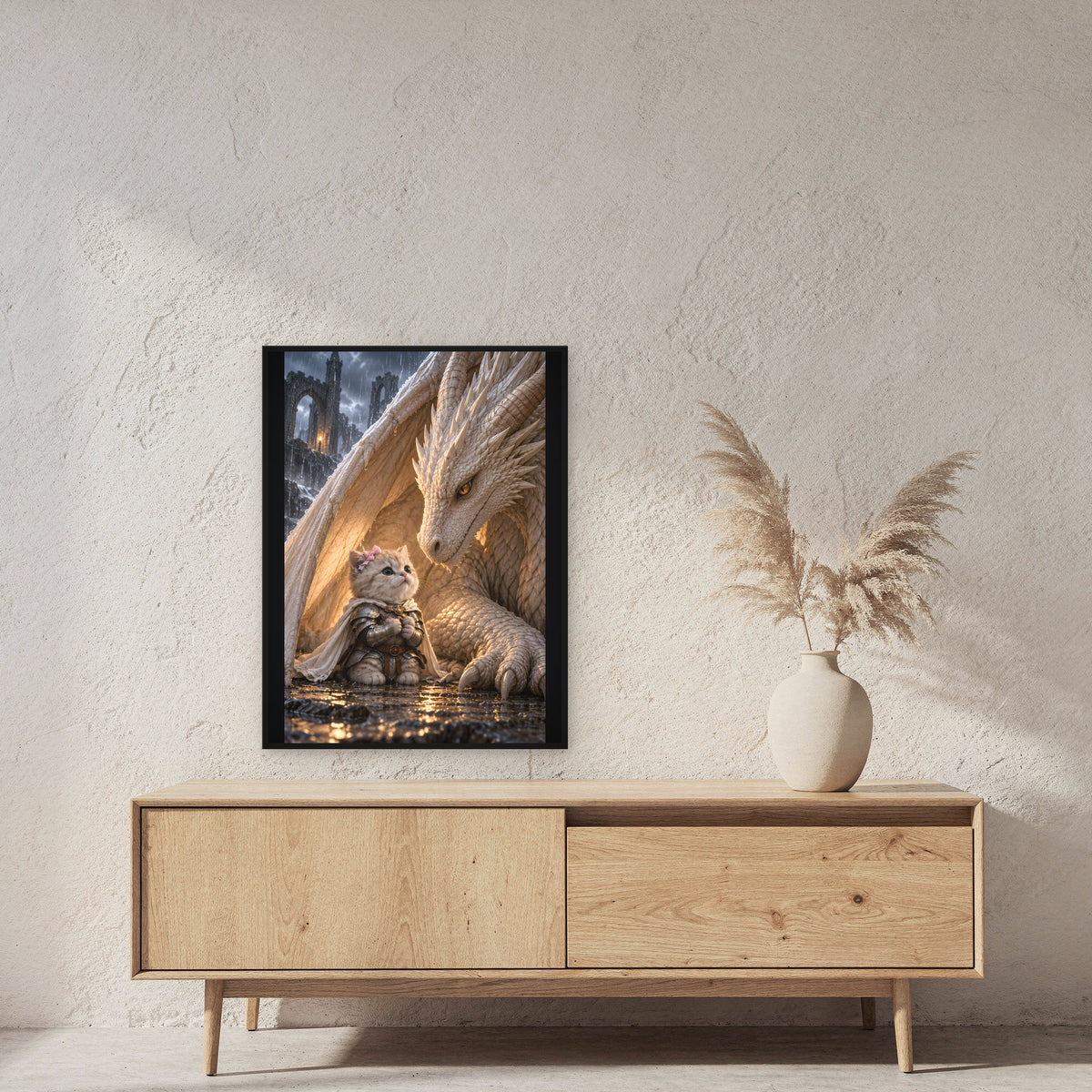 Ritterkatze – Drachenfreundschaft – Gerahmtes Wandbild. 60×80 cm. 2 RAUM. KI-Motiv.
