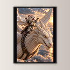 Ritterkatze – Drachenflug – Gerahmtes Wandbild. 45×60 cm. 1 FRONTAL. KI-Motiv.