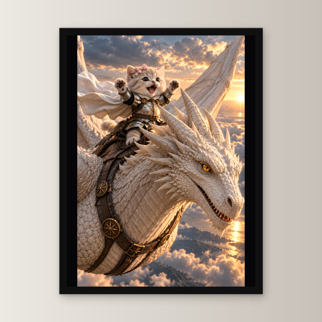 Ritterkatze – Drachenflug – Gerahmtes Wandbild. 30×40 cm. 1 FRONTAL. KI-Motiv.
