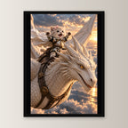 Ritterkatze – Drachenflug – Gerahmtes Wandbild. 30×40 cm. 1 FRONTAL. KI-Motiv.