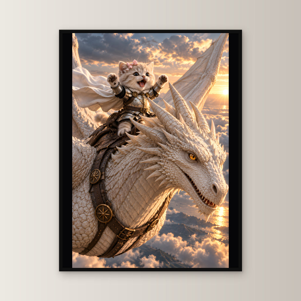 Ritterkatze – Drachenflug – Gerahmtes Wandbild. 60×80 cm. 1 FRONTAL. KI-Motiv.