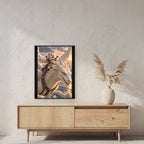 Ritterkatze – Drachenflug – Gerahmtes Wandbild. 60×80 cm. 2 RAUM. KI-Motiv.