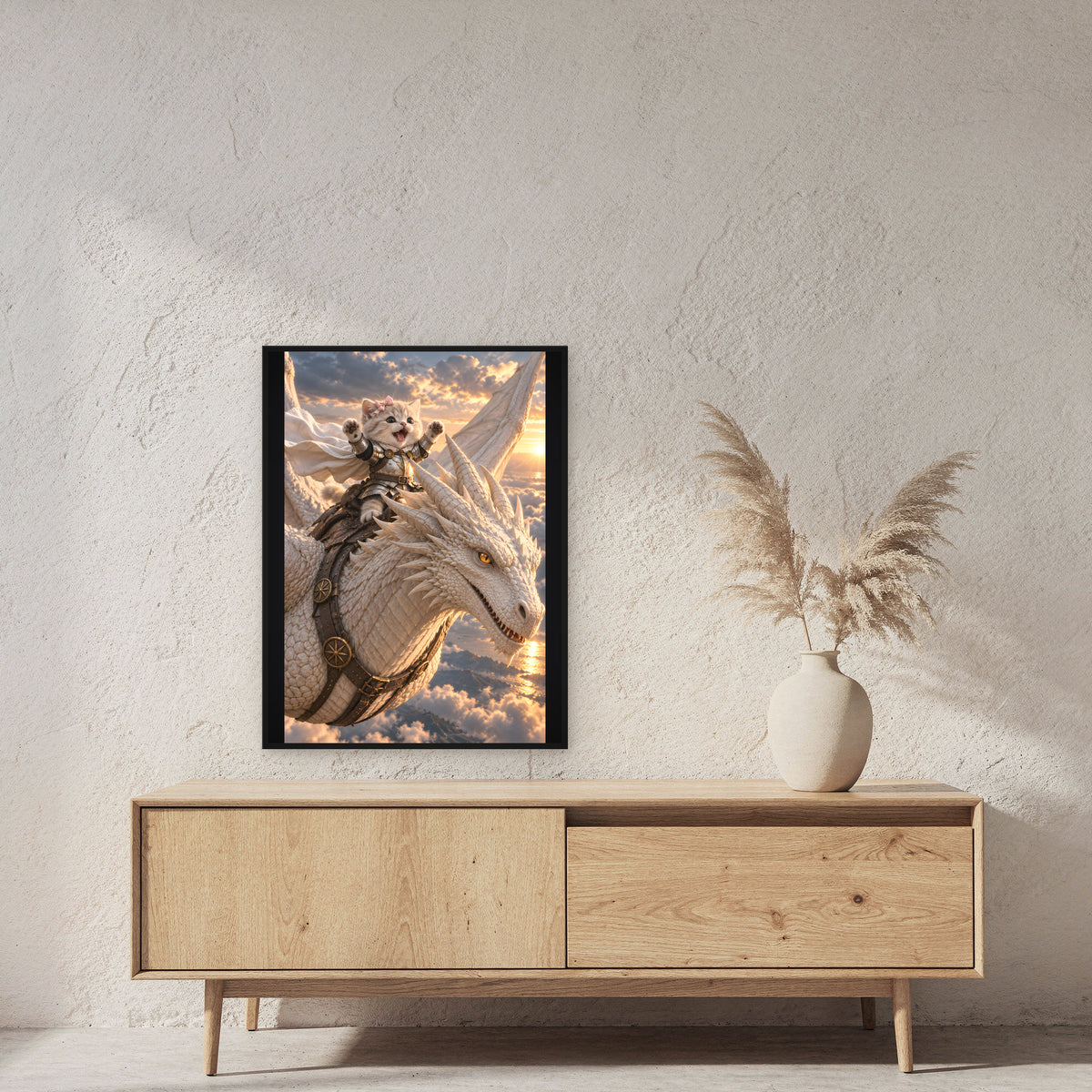 Ritterkatze – Drachenflug – Gerahmtes Wandbild. 60×80 cm. 2 RAUM. KI-Motiv.