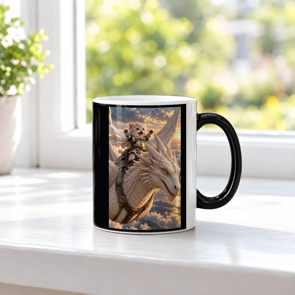 Ritterkatze – Drachenflug – Tasse. Zaubertasse: Wärmeeffekt. 3 FENSTER HEISS. KI-Motiv.