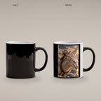 Ritterkatze – Drachenflug – Tasse. Zaubertasse: Wärmeeffekt. 4 KALT HEISS. KI-Motiv.