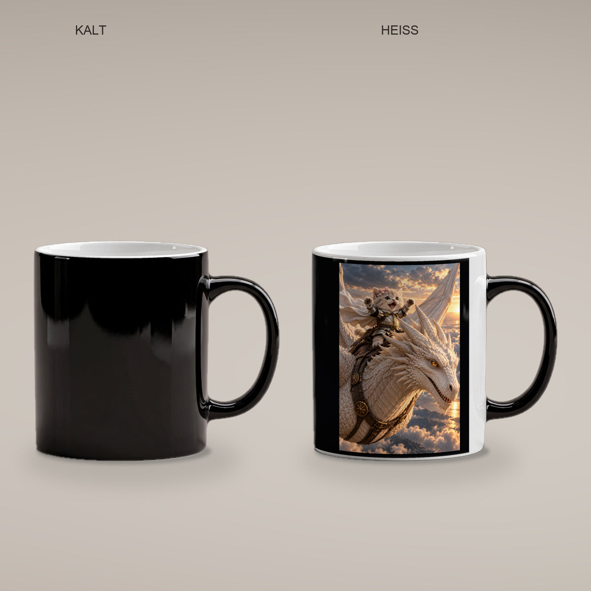 Ritterkatze – Drachenflug – Tasse. Zaubertasse: Wärmeeffekt. 4 KALT HEISS. KI-Motiv.