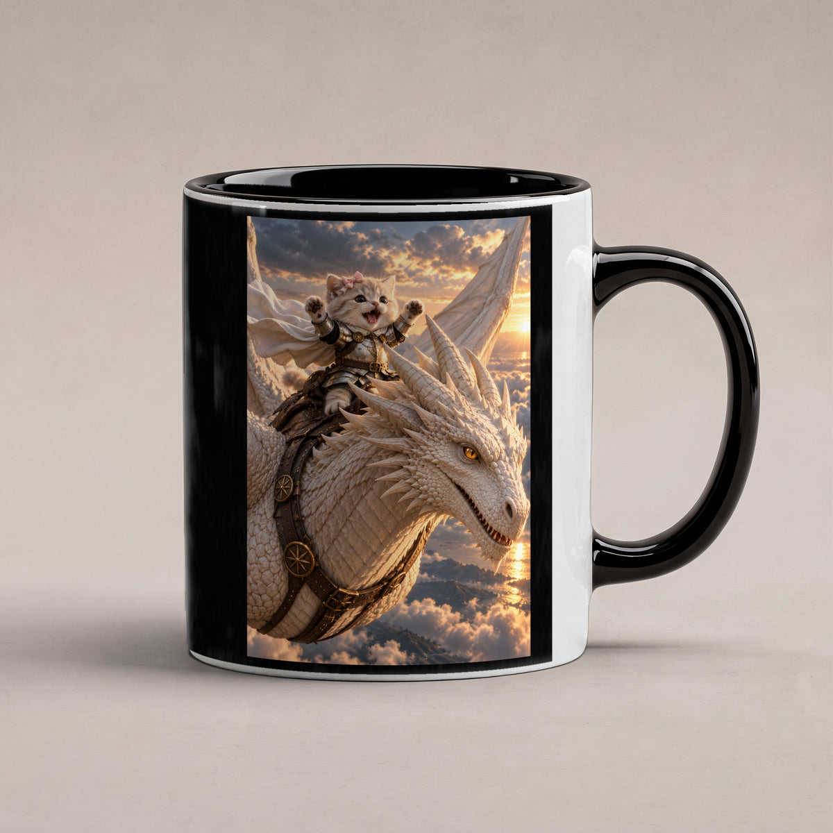 Ritterkatze – Drachenflug – Tasse. Innen schwarz. 1 STUDIO. KI-Motiv.