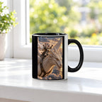 Ritterkatze – Drachenflug – Tasse. Innen schwarz. 3 FENSTER. KI-Motiv.