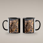Ritterkatze – Drachenflug – Tasse. Innen schwarz. 4 BEIDE SEITEN. KI-Motiv.